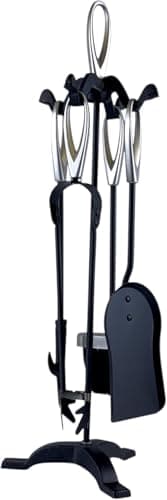 Image of 5 Pieces Companion 24" Set Fireside Fire Tools Fireplace & Accessories Black and Brass Stand Tongs Shovel Brush Chimney Poker (Black&Silver Brass/Nickel)