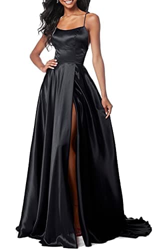 Image of Lecureler Long Satin Spaghetti Strap Prom Dress Black Size 18