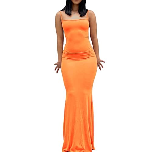 Image of Geagodelia Women's Summer Maxi Dress Ladies Sexy Spaghetti Strap/Long Sleeve Bodycon Long Party Dresses Y2k Aesthetic Clothes Outfit (A - Orange, XS)