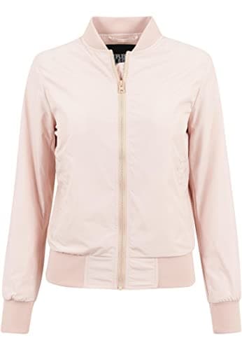 Image of URBAN CLASSICS Women's Light Bomber Jacket with Ribbed Cuffs, Lightweight Flight Jacket for Mid-Season Weather, Longsleeve Jacket with Zipper & Pockets, Colour: Light Pink, Size: Small