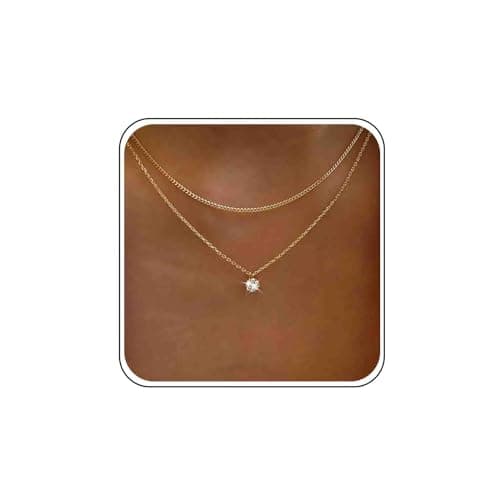 Image of TseenYi Layered Crystal Pendant Necklace with Gold Round Solitaire CZ Chain Jewelry - Sparkling Bridal Gifts for Women and Girls