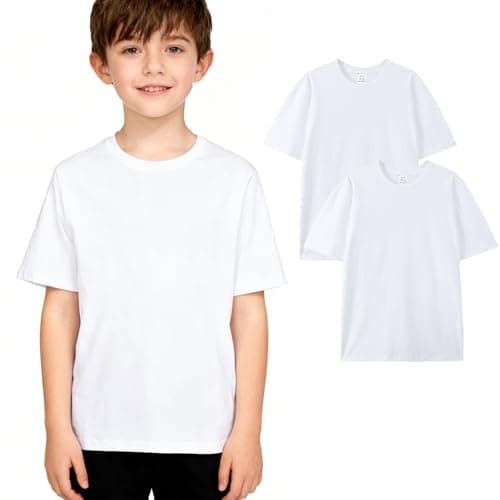 Image of Dinopjs Kids Plain PE T Shirt Unisex, Boys & Girls Cotton T-Shirt, School Active Short Sleeve Tshirt, Sports Tee Shirts, Crew Neck Tops, Team Uniform, Casual Clothes for 8-9 Years, White (2 Pack)