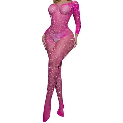 Image of Generisch Mesh Bodysuit Long Sleeve Snug Catsuit Jumpsuit Loungewear Sleepwear, Hot Pink, One Size