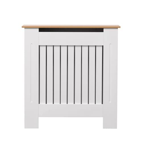 Image of AVC Designs Kensington Radiator Cover Modern MDF Wood White Grey Vertical Slat Living Room Bedroom Hallway Cabinet (Small White/Oak)…