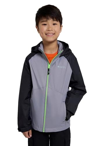Image of Mountain Warehouse Torrent II Kids Waterproof Jacket - Ripstop Outer Rain Coat, Taped Seams, Mesh Lined, Zipped Pockets - For Travelling, Camping, School Alloy Grey (Lightweight) Kids Size 9-10 Years