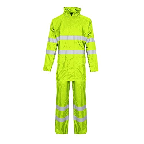 Image of Unisex Hi Vis Viz Plain Rainsuit Jacket Trouser High Visibility Waterproof Hooded Rain Suit 2 Piece Set (Yellow (Hi Vis), 2XL)