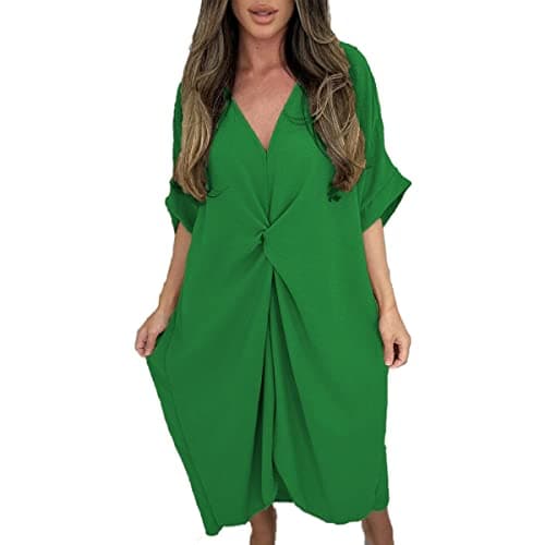 Image of Women’s Ladies V-Neck Knot Twist Short Sleeve Baggy Oversized Loose Fits Smock Midi Casual Longline Summer Dresses for Women Green 12-24