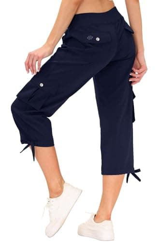 Image of MoFiz Women's Capri Pants Relaxed-Fit 3/4 Cropped Trousers Wide Leg Casual Pants Trousers with Drawstring Cargo Pockets Navy Size L