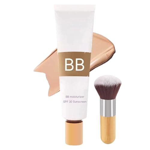 Image of BB Blur Tinted Moisturizer, SPF 30 BB Cream Tinted Moisturiser for Mature Skin, Even Skin Tone Foundation with Make up Brush, Hydrates & Smooths Skin, Full Coverage, Natural Makeup (Wheat Color)