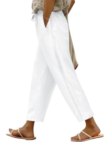 Image of PASUDA Womens Trousers Summer Wide Leg Cropped Trousers Cotton Casual Ladies Elegant Elasticated Waisted Pants with Pockets Drawstring for Beach Holiday Daily(White,XL)