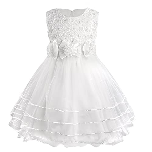 Image of Discoball Girls Princess Dress Rose Flower Bow Tie Party Dresses Tulle Wedding Dresses Bridesmaid Christening Elegant Formal Dress for Girls (White)