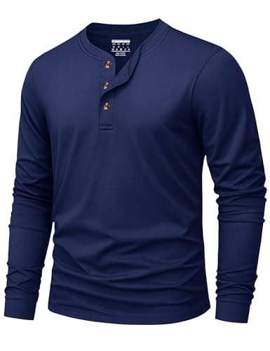 Image of KEFITEVD T Shirts for Men UK Long Sleeve Henley Tshirt Cotton Soft Casual Button Tee Shirt Classic Grandad Plain Tops Navy Blue XL
