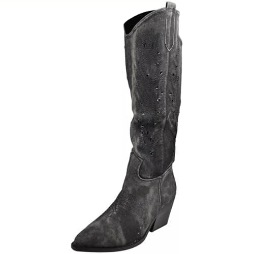 Image of LoudLook Ladies Western Cowboy Boots Below Knee Zip Heel Faux Suede Pointed Toe Winter Shoes Sizes Black Jean 7