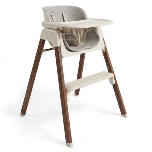Image of Venture Neyo 2-in-1 Foldable High Chair for Baby and Toddler, Convertible Baby Highchair with Wood Effect Legs, Removable Tray & Cushion, 5 Point Harness, Compact Folding (Beige)