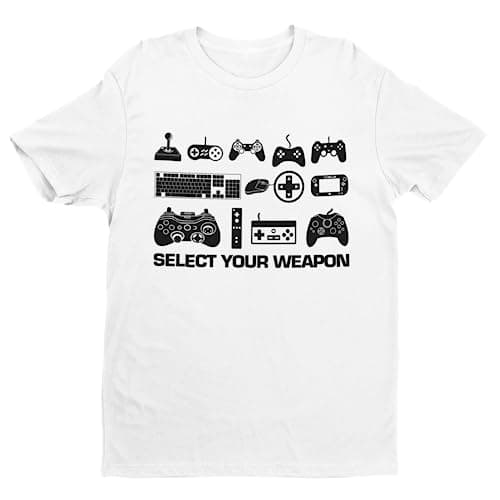 Image of Galaxy Tees Mens Select Your Weapon Retro Gaming Controllers T Shirt Gaming Classic Gift Idea Top Short Sleeved White M