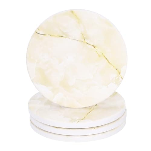 Image of sourcing map 4Pcs Absorbent Coasters Yellow Marble Gilding Pattern Round Coaster with Cork Backing Non-Slip for Home Office 4inches.