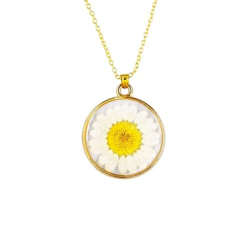 Image of Cotswold Crafts By Emma Handmade Botantical Necklace Range with a variety of pressed flower pendants. Valentines Day gift ideas for her. (Round Daisy Flower Pendant)
