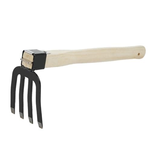 Image of Four-Toothed Rake with Short Wooden Handle, Bendproof Garden Hand Rake Tool, Great for Loosening or Weeding Soil