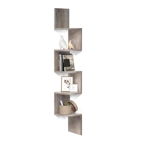 Image of VASAGLE 5-Tier Corner Shelf, Display Floating Shelf in Living Room, Study, Kitchen, Bedroom, for Plants, CDs, Decorations, Modern, Heather Greige LBC072M01