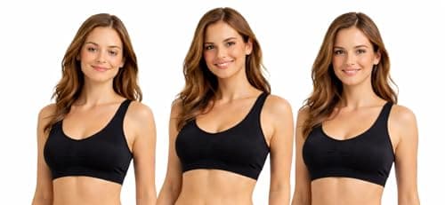 Image of UtopyaUK 3 Pack Comfort Bra Padded Women Girls Crop Top with Pads Seamless Sleep Yoga Bralette Leisure Stretch Sports Vest Wide Straps White Black Beige Value Pack (X-Large, 3 Black)