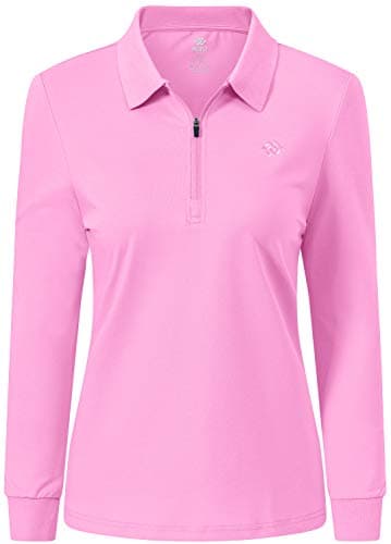 Image of MoFiz Women's Long Sleeve Polo Shirts Cotton Golf Tops Casual Sports T-Shirt with 1/4 Zipper Pink Size XL