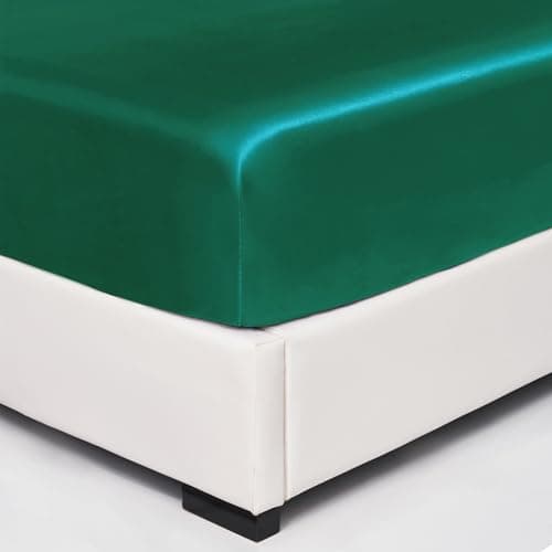 Image of Wotcsil Dark Green Satin Fitted Sheet Single Satin Silk Bed Sheets Silky Deep Pocket 36cm Soft and Breathable, Dark Green, 99 x 190cm