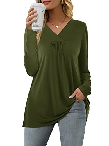 Image of Florboom Women's Tops Casual V Neck Long Sleeve T-Shirt Swing Tunic Shirts Army Green Size 20 22