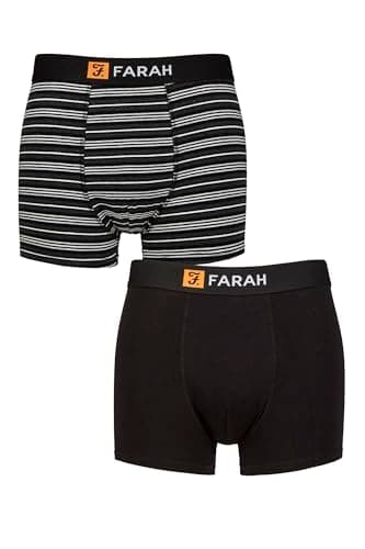 Image of Farah Men’s 2 Pack Cotton Trunks – Classic Fit, Soft Stretch, One Plain One Striped, Supportive Comfortable Underwear for Daily Wear, Sizes S–XL Fine Stripe Black/Charcoal L