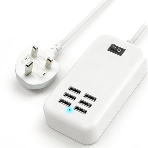 Image of USB Charging Station 30W 6-Port Desktop USB Charger (Max 5V/2.4A), 1.5M Extension Lead with Switch, Multi USB Charging Hub with Fused UK Plug for iPhone, iPad, Tablets, Bedside & Office – White