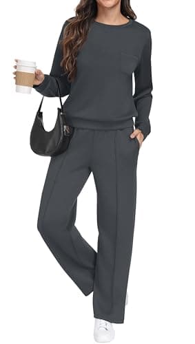 Image of GRECERELLE Tracksuit Womens Full Set Autumn Long Sleeve Lounge Wear Sets for Women Two Piece Outfits Activewear Casual Crew Neck Pullover Tops and Jogging Bottoms with Pockets (Dark Gray, M)