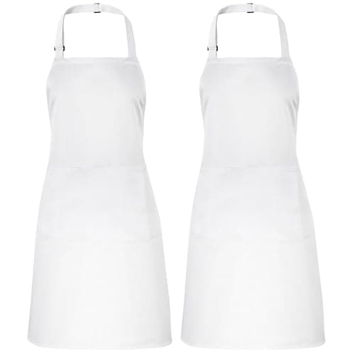 Image of saerryor 2 Pcs Kitchen Apron Adjustable Bib Chef Aprons with 2 Large Pockets Women Men White Apron for Home Restaurant Baking Gardening BBQ