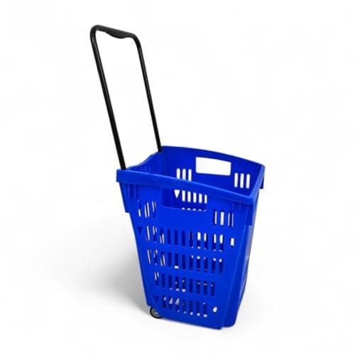 Image of 52 Litre Plastic Shopping Basket with Wheels & Telescopic Handle – Blue Wheeled Trolley Basket for Supermarkets, Grocery & Retail Stores – Durable, Stackable Design