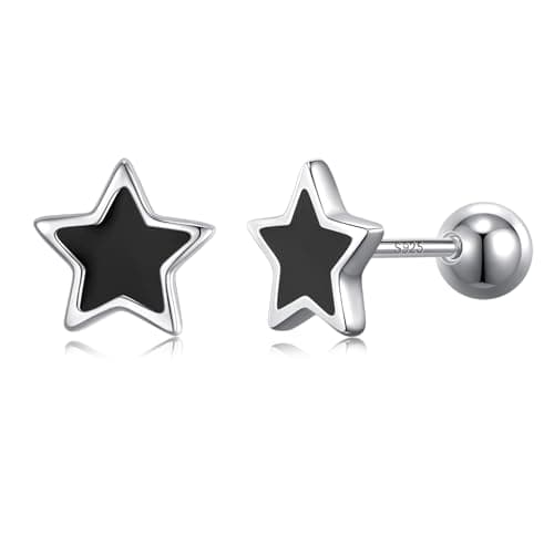 Image of JSGEMSLEE Hypoallergenic 925 Sterling Silver Black Star Earrings With Screw Back Tiny Star Stud Earrings for Women Tragus Cartilage Earrings Jewelry Gifts