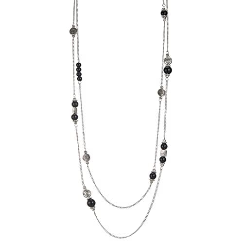 Image of BULINLIN Layered Silver Long Necklace for Women Natural Stones Beaded Pearl Necklace Costume Silver Jewellry Mothers Day Gifts for Her(Black)