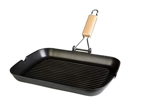 Image of WECOOK! Ecostone Grill Induction Striped Grill 34 x 24 cm, Non-Stick ILAG Eco-Friendly PFOA Cast Aluminium, 5 mm Thickness, Folding Wooden Handle, Suitable for All Glass Ceramic, Gas