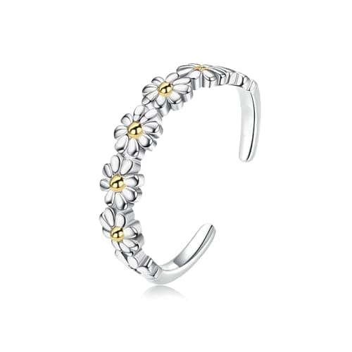 Image of HinDaLi 925 Sterling Silver Rings for Women Girls Open Adjustable Daisy Ring Stacking Flower Ring Ladies Sunflower Silver Thumb rings for Women Wedding Eternity Jewellery Gifts