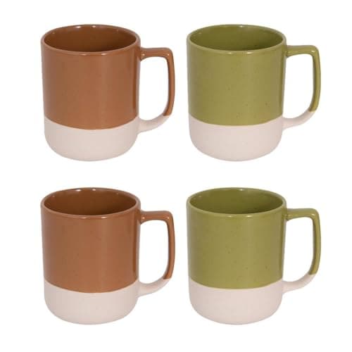 Image of Set of 4 Green & Brown Dipped Glaze Mugs - 11 Ounce 325ml Modern Contemporary - Tea Coffee Cups Latte Cappuccino Hot Chocolate Drinks - Home Kitchen Work Office Mug Set