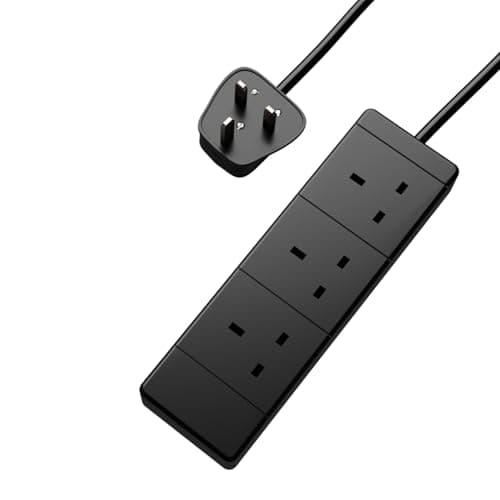 Image of rhinocables 13A Extension Lead | 3-Gang UK Power Cable for Extra Reach to Wall Sockets | Safe BS1363/A 230V Wire for Workstations & Household Devices, Black (2m)