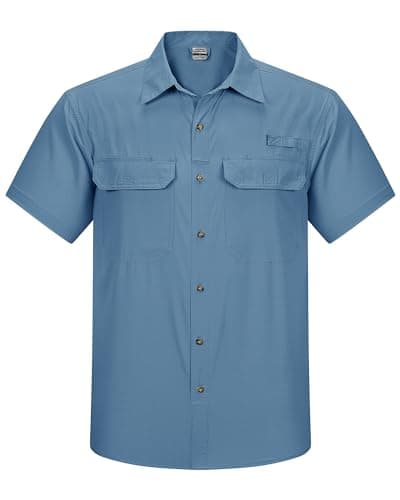 Image of Outdoor Ventures Men's Quick Dry Casual Shirts UPF 50 Button Down Hiking Shirts Lightweight Short Sleeve Cooling Shirt for Safari Fishing Golf Travel Glass Blue M
