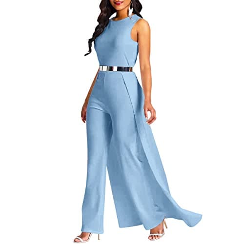 Image of VERWIN Patchwork Overlay Embellished Plain Women's Jumpsuit High-Waist Woman Romper (XX-Large, Light Blue)