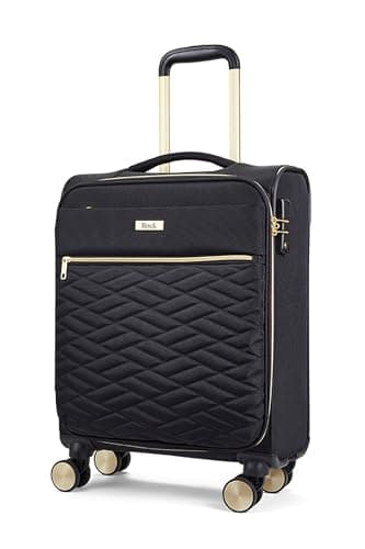 Image of Rock Sloane Small Expandable Soft Shell Cabin Suitcase in Black - Signature London Styling, 360 Swivel-Wheels, Telescopic Handle, Stylish Gold Accents & TSA Combination Lock - 55 x 40 x 20 cm 2.2KG