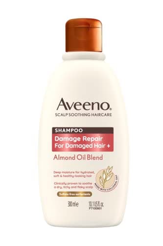 Image of Aveeno Scalp Soothing Haircare Damage Repair Shampoo, Almond Oil Blend, with Colloidal Oat Extract, for Damaged Hair, Soothes Dry, Itchy & Flaky Scalp, Clinically Proven, Sulfate Free, 300ml