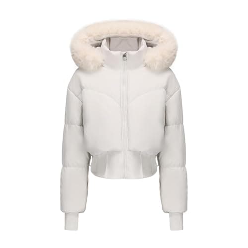 Image of Winter Jackets for Women UK - Faux Fur Hooded Puffer Coat, Cropped Fluffy Padded Jacket, Quilted Warm Overcoat with Pockets, Lightweight Waterproof Coat, Slim Fit, Ladies Hiking Walking Outwear
