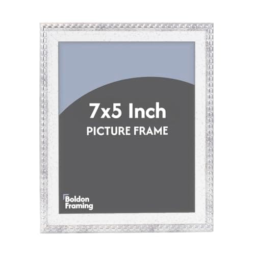 Image of Vintage White and Silver Picture Frame – Ornate 7x5 Inch Beaded Edge Distressed Photo Frame, Shabby Chic French Country Style Home Décor, Vertical or Horizontal Display for Artwork or Photos