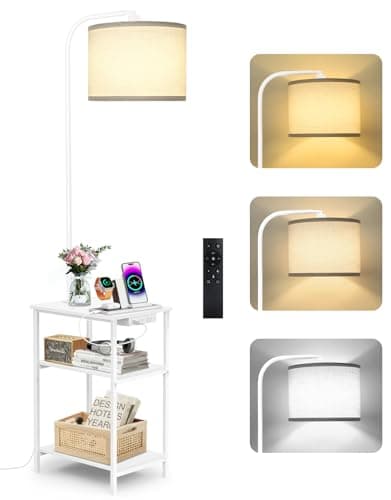 Image of OUTONLIFE Floor Lamp with Table, 2 Drawers & Remote, Side End Table with Charging Station, Dimmable Nightstand with 3 Color Temperature, 1-Hour Timer, 12W LED Bulb, for Living Room, Bedroom(White)
