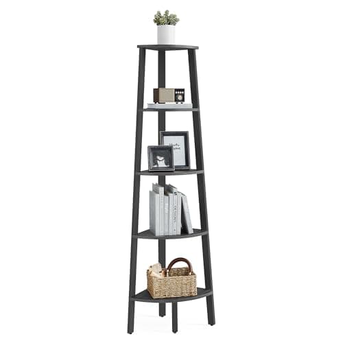 Image of VASAGLE Corner Shelf Unit, 5-Tier Corner Shelf, Ladder Shelf for Living Room, Bookshelf or Plant Stand, Industrial Accent Furniture, Charcoal Gray and Matte Black LLS35B02