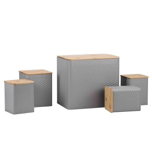 Image of EHC 5 piece Kitchen Storage Canister Set - Tea, Coffee, Sugar, Biscuit, & Bread bin With Lid, Airtight Containers with Lid, Jars Set of 5, Kitchen Accessories & Essentials, Grey