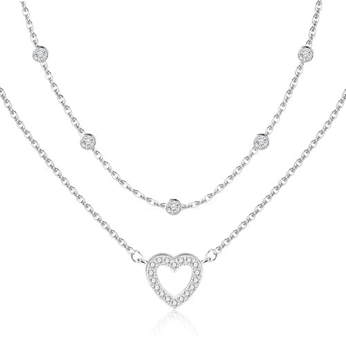 Image of ALEXCRAFT 925 Sterling Silver Necklace for Women Lady, Hypoallergenic Sterling Silver Adjustable Double Layered Chains with Zirconia Heart Diamond Pendant