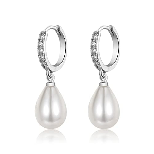 Image of DOKIA Pearl Earrings, 925 Silver Pearl Hoop Earrings, Hypoallergenic, Teardrop Dangly Earrings with AAA+ Cubic Zirconia, Jewellery for Women Girls