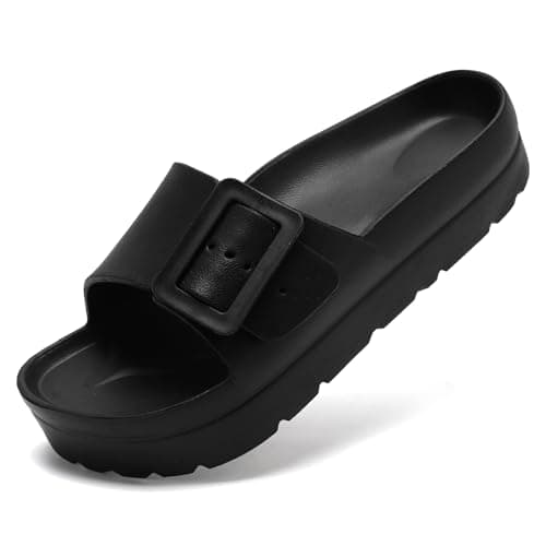 Image of Waysoland Platform Sandals for Women with Arch Support Comfortable Slides Thick Soles Flat Sandals With Adjustable Buckle & Ultra Cushion(Black,4 UK)